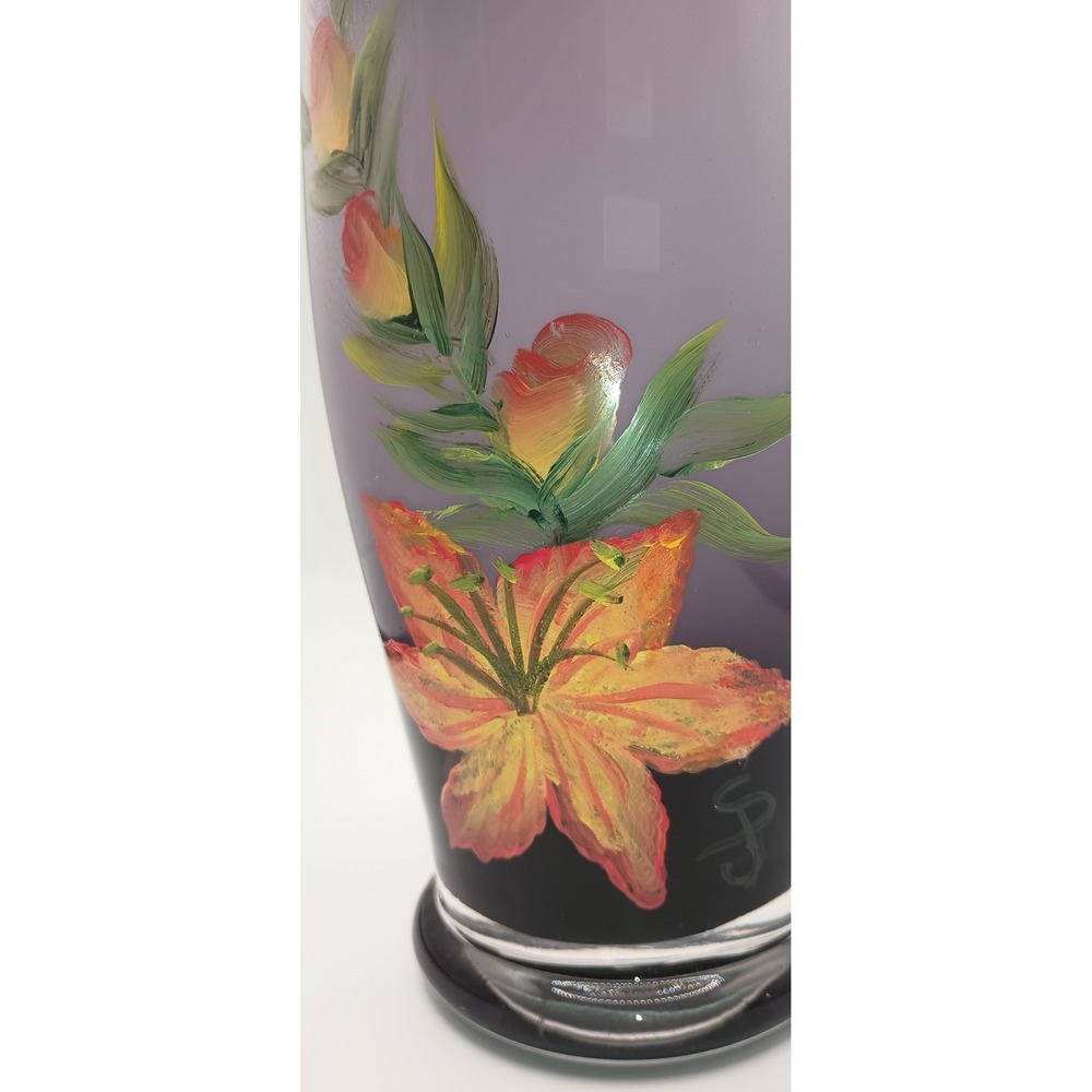 Hand Painted Art Glass Vase Purple Ombre Floral Lily Design‎ Signed 8 Inch